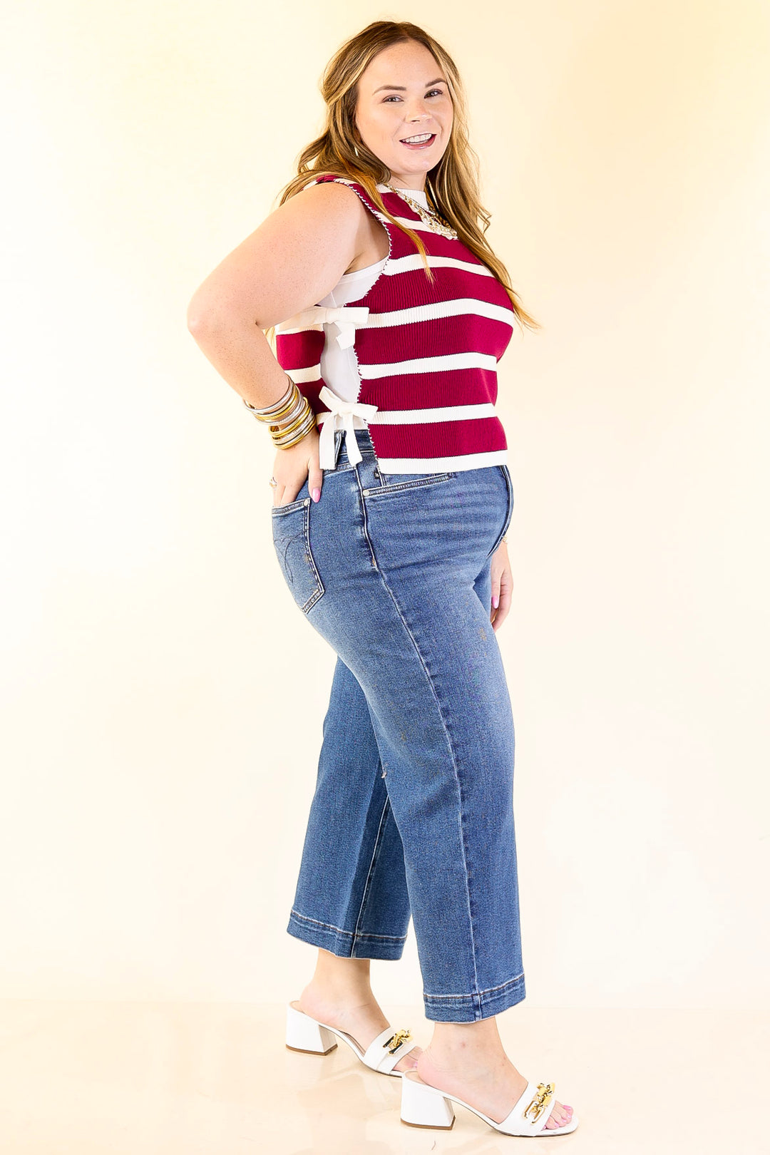 Tied Up in Style Knit Sweater with Side Ties in Maroon with Off White Stripes