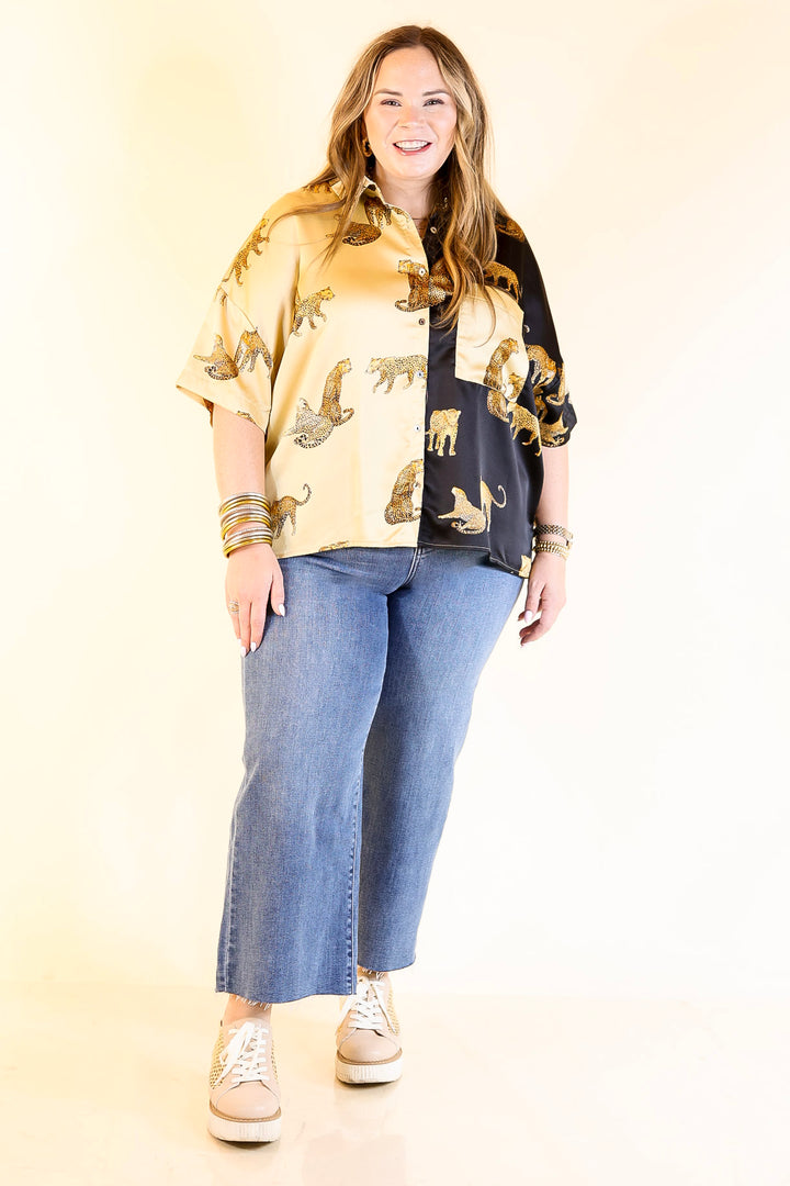 All Eyes On Me Button Up Cheetah Print Blouse Top in Black and Gold