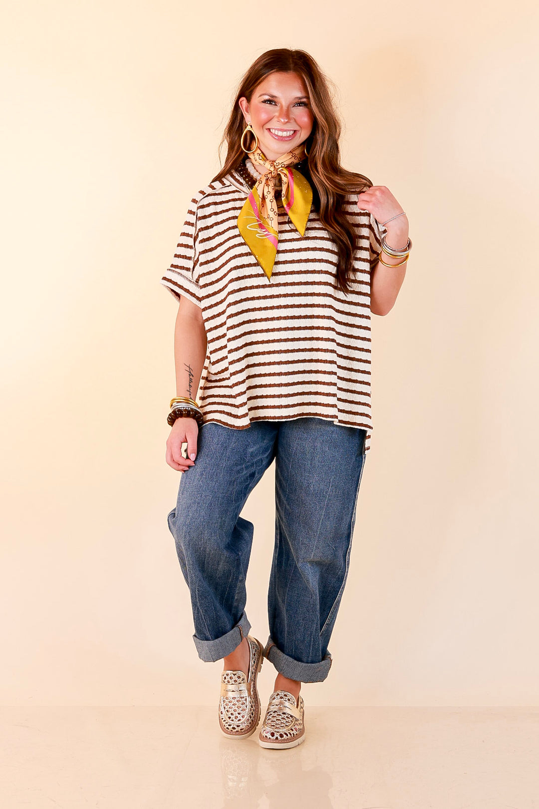 On The Daily Scoop Neck Short Sleeve Striped Textured Top in Chocolate Brown