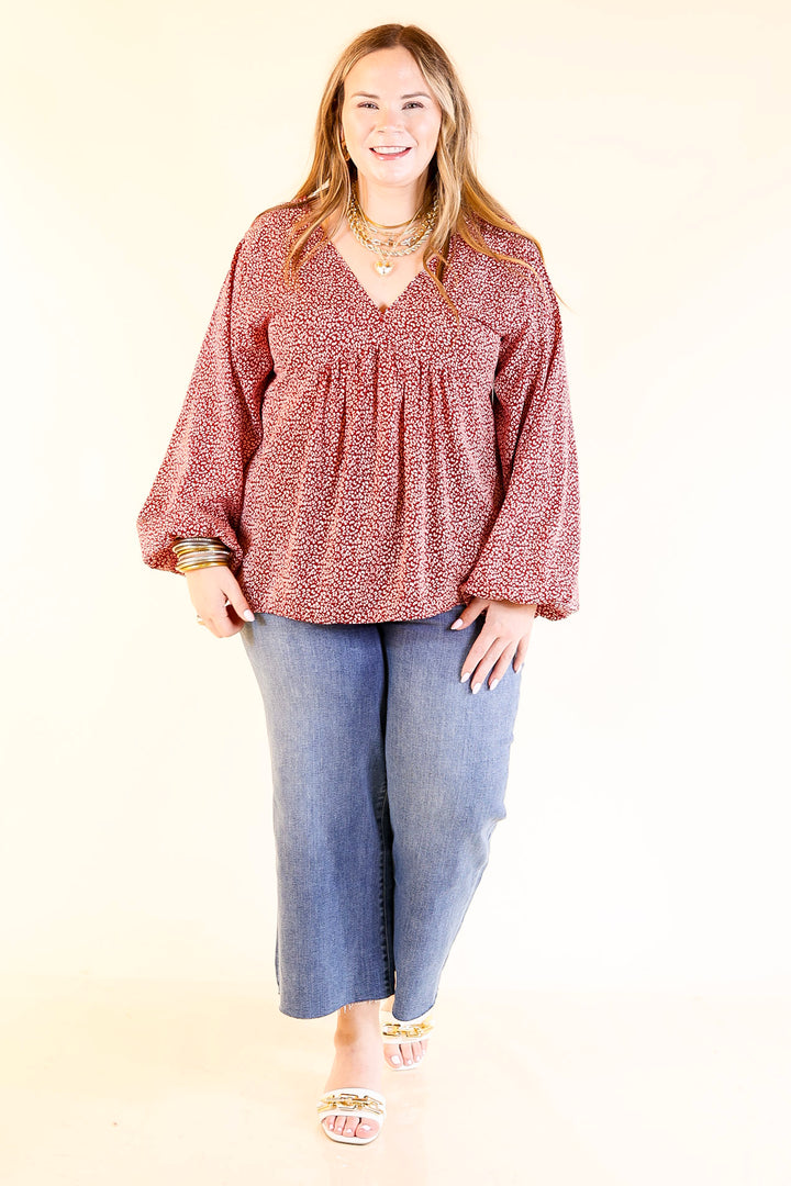 Really Dreamy Small Leopard Print Babydoll Top with Long Sleeves in Burgundy Red