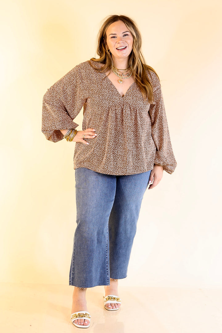Really Dreamy Small Leopard Print Babydoll Top with Long Sleeves in Brown