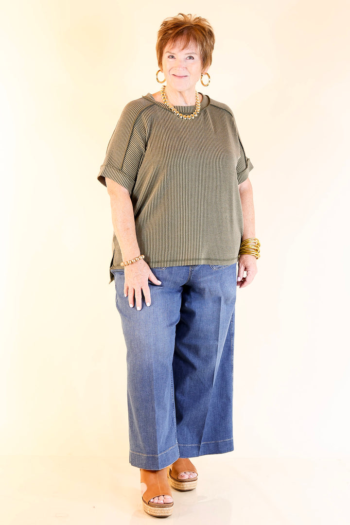 Daily Perfection Scoop Neck Short Sleeve Ribbed Top in Olive Green