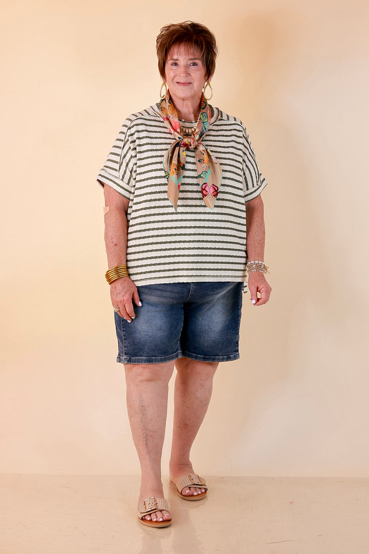On The Daily Scoop Neck Short Sleeve Striped Textured Top in Olive Green