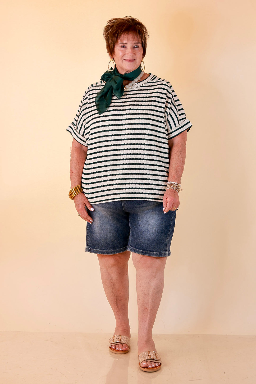 On The Daily Scoop Neck Short Sleeve Striped Textured Top in Hunter Green