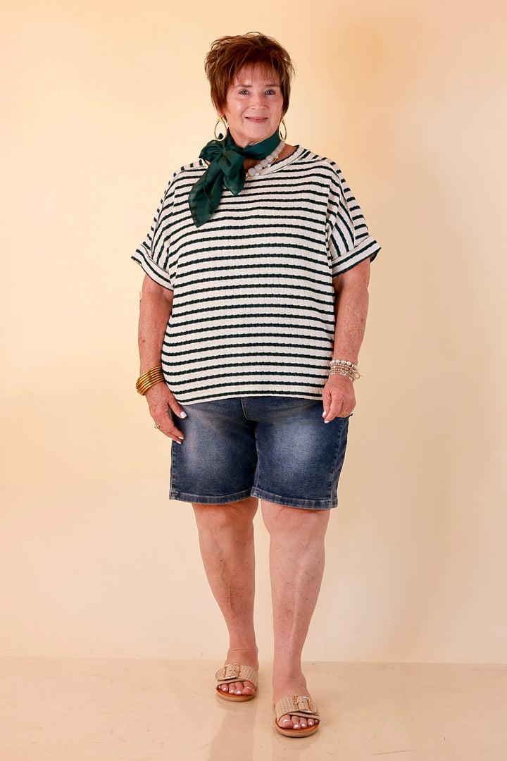 On The Daily Scoop Neck Short Sleeve Striped Textured Top in Hunter Green