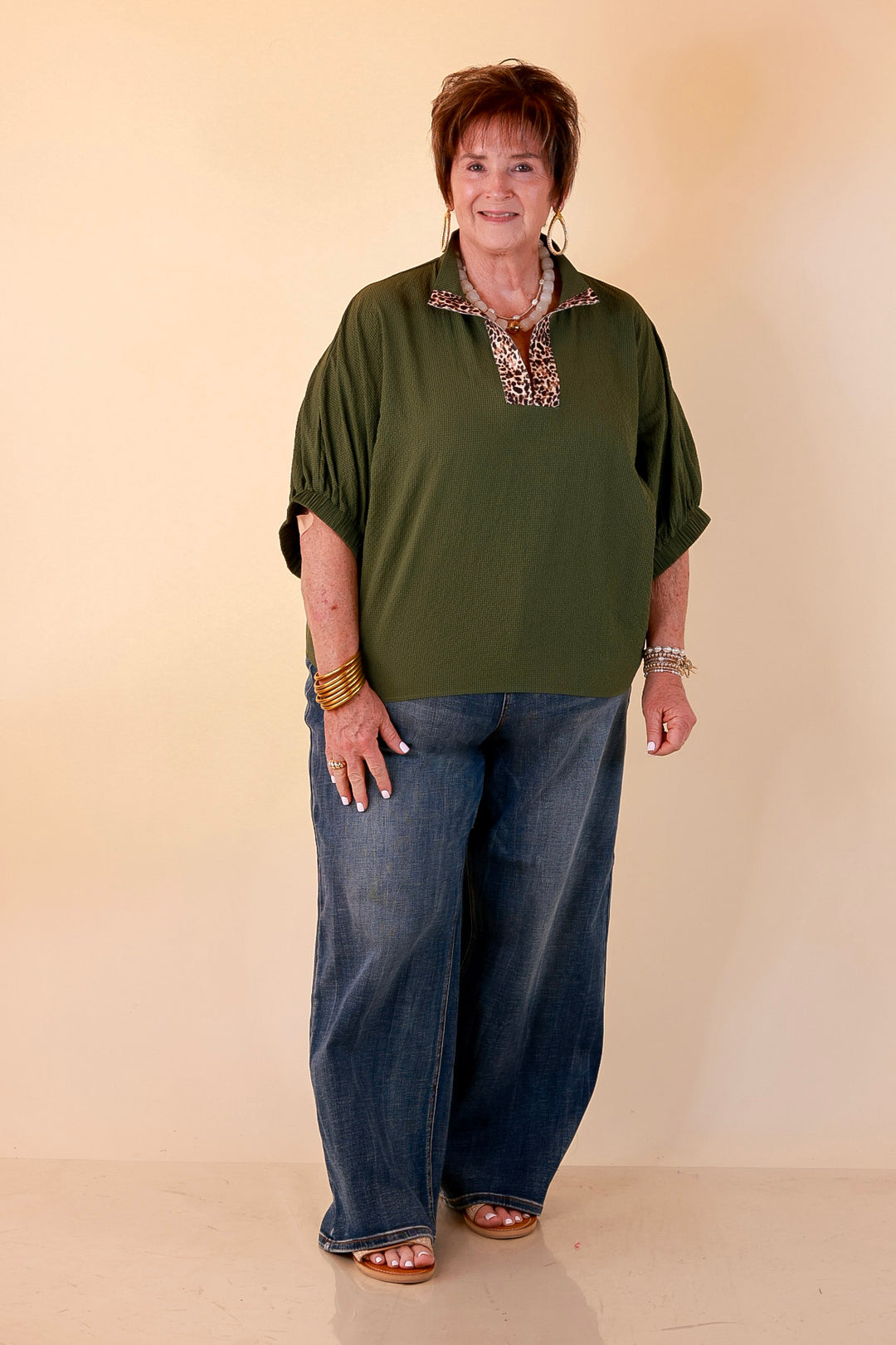 Naturally Chic Textured Poncho Top with Leopard Trim Details and Dolman Sleeves in Olive Green