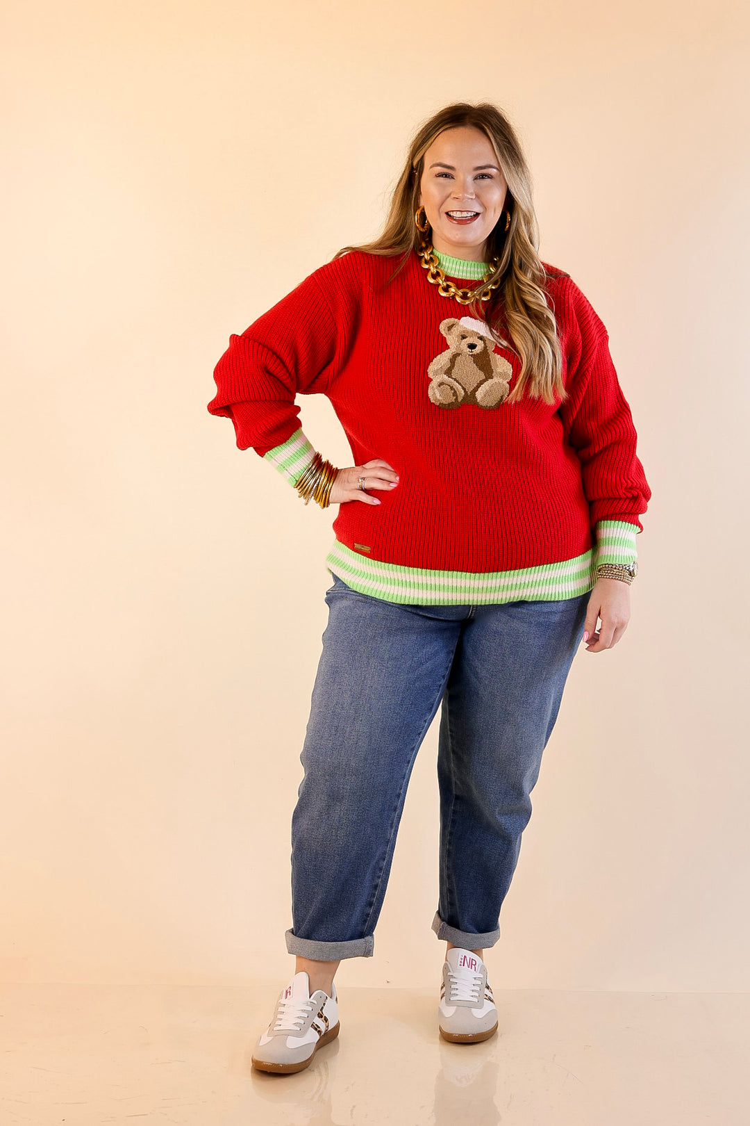 Simply Southern | Beary Merry Crewneck Sweater with Teddy Bear Graphic and Green Trim in Red