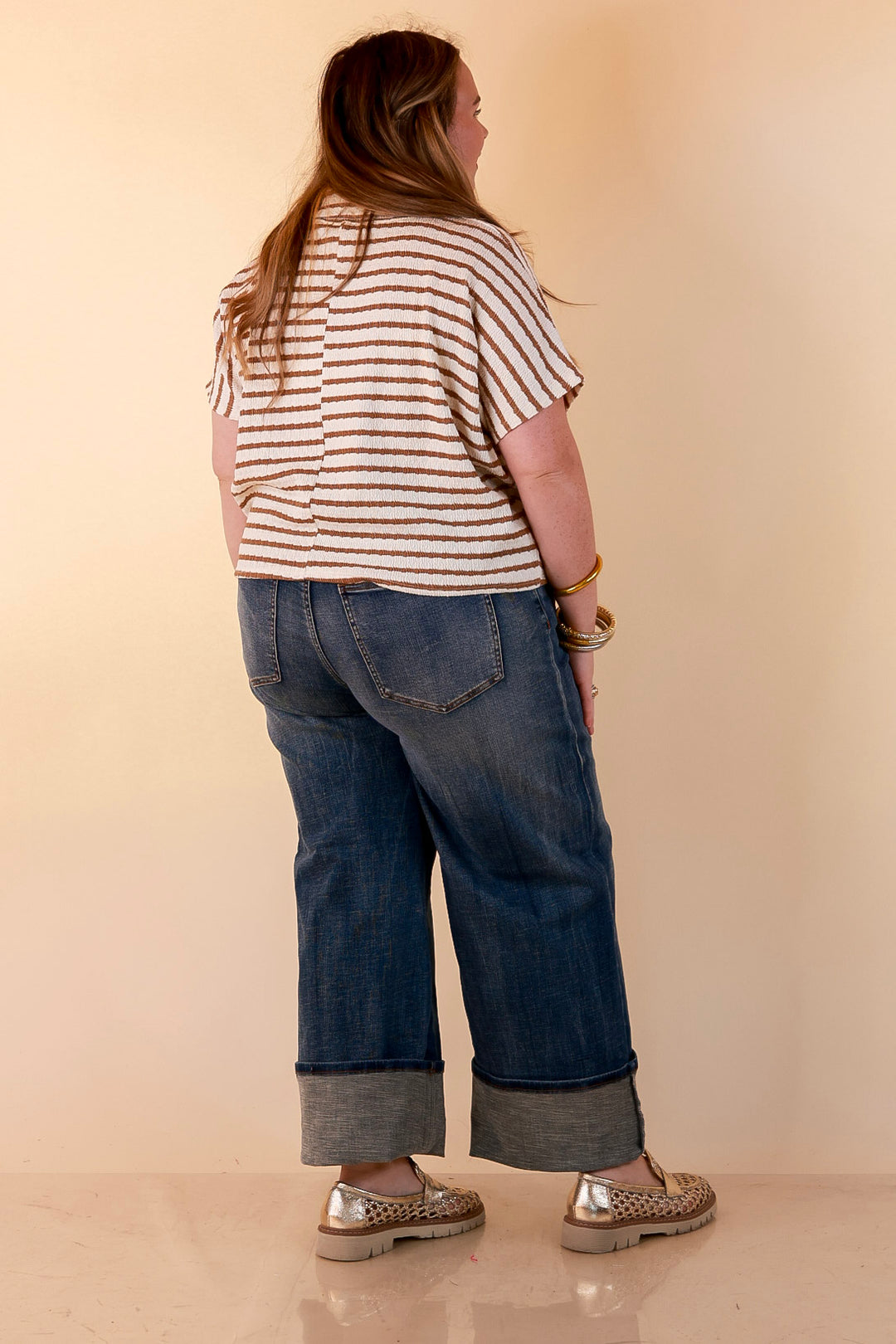 Simply Said Striped Drop Shoulder Collared Cropped Top in Ivory with Camel Brown Stripes