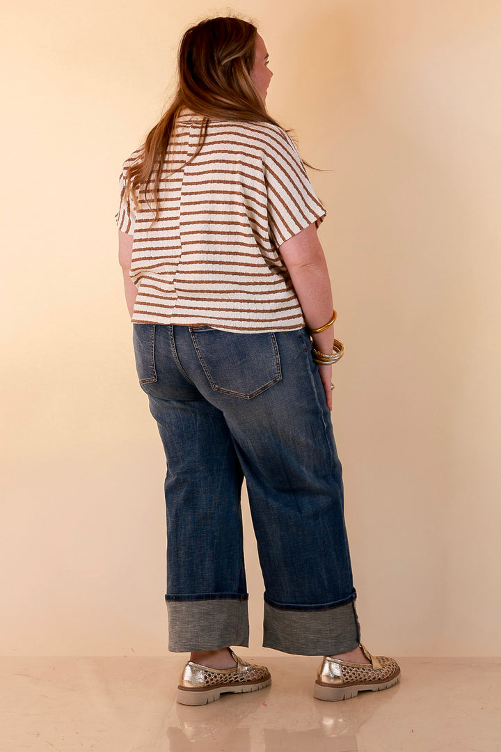 Simply Said Striped Drop Shoulder Collared Cropped Top in Ivory with Camel Brown Stripes