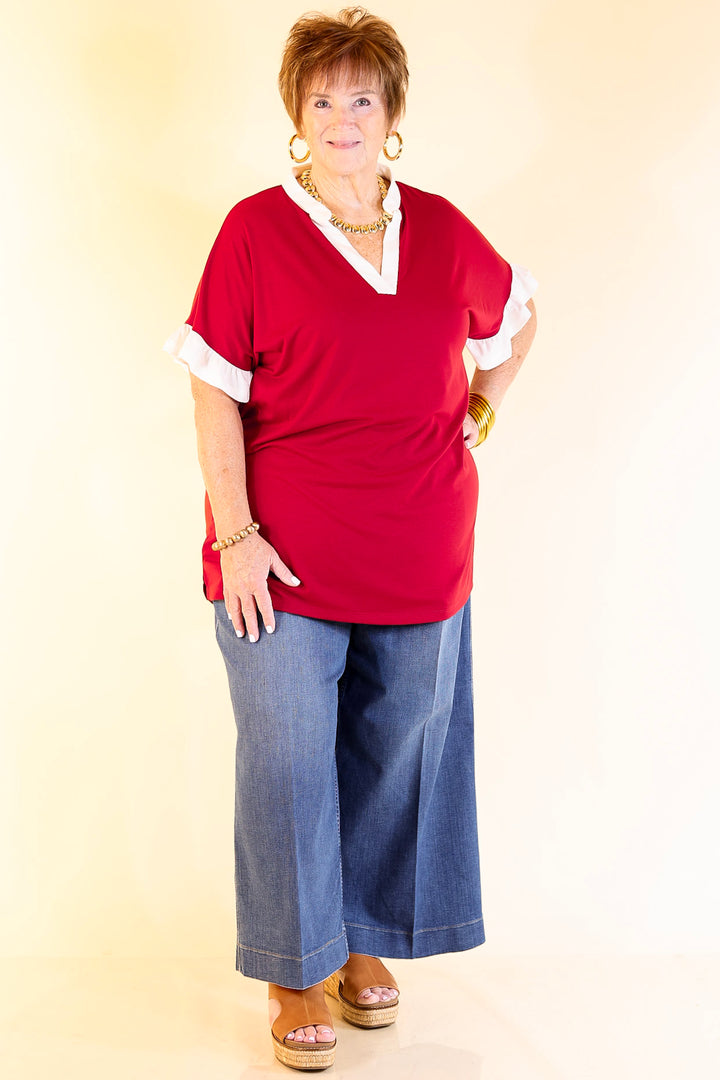 Power Play V Neck with Ruffle Short Sleeves and White Trim in Maroon