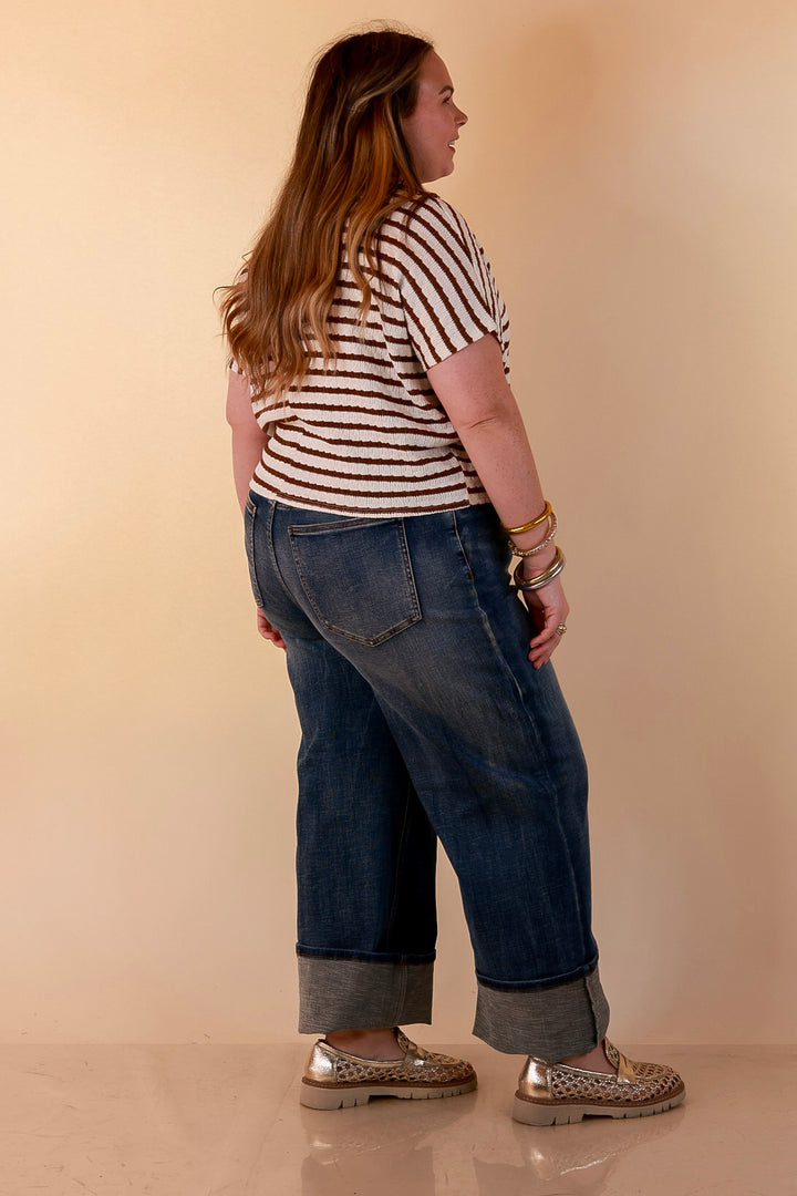 Simply Said Striped Drop Shoulder Collared Cropped Top in Ivory with Chocolate Brown Stripes