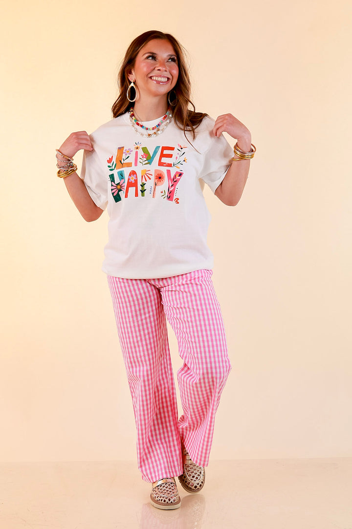 Happiness on Repeat "Live Happy" Floral Print Short Sleeve Graphic Tee in White