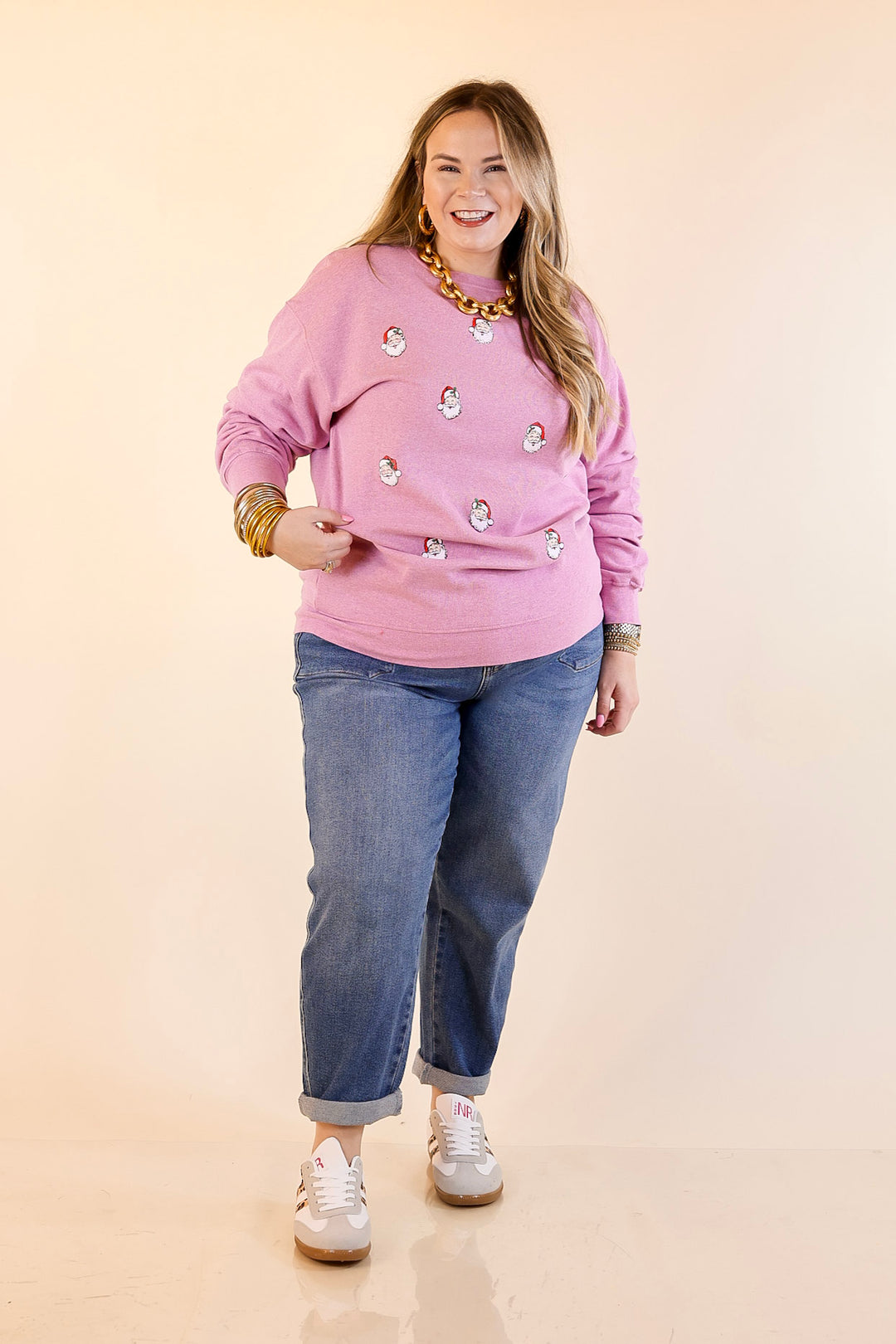 Simply Southern | Peppermint Wishes Santa Graphic Crewneck Sweatshirt in Bubblegum Pink
