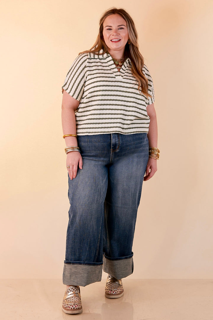 Simply Said Striped Drop Shoulder Collared Cropped Top in Ivory with Olive Green Stripes