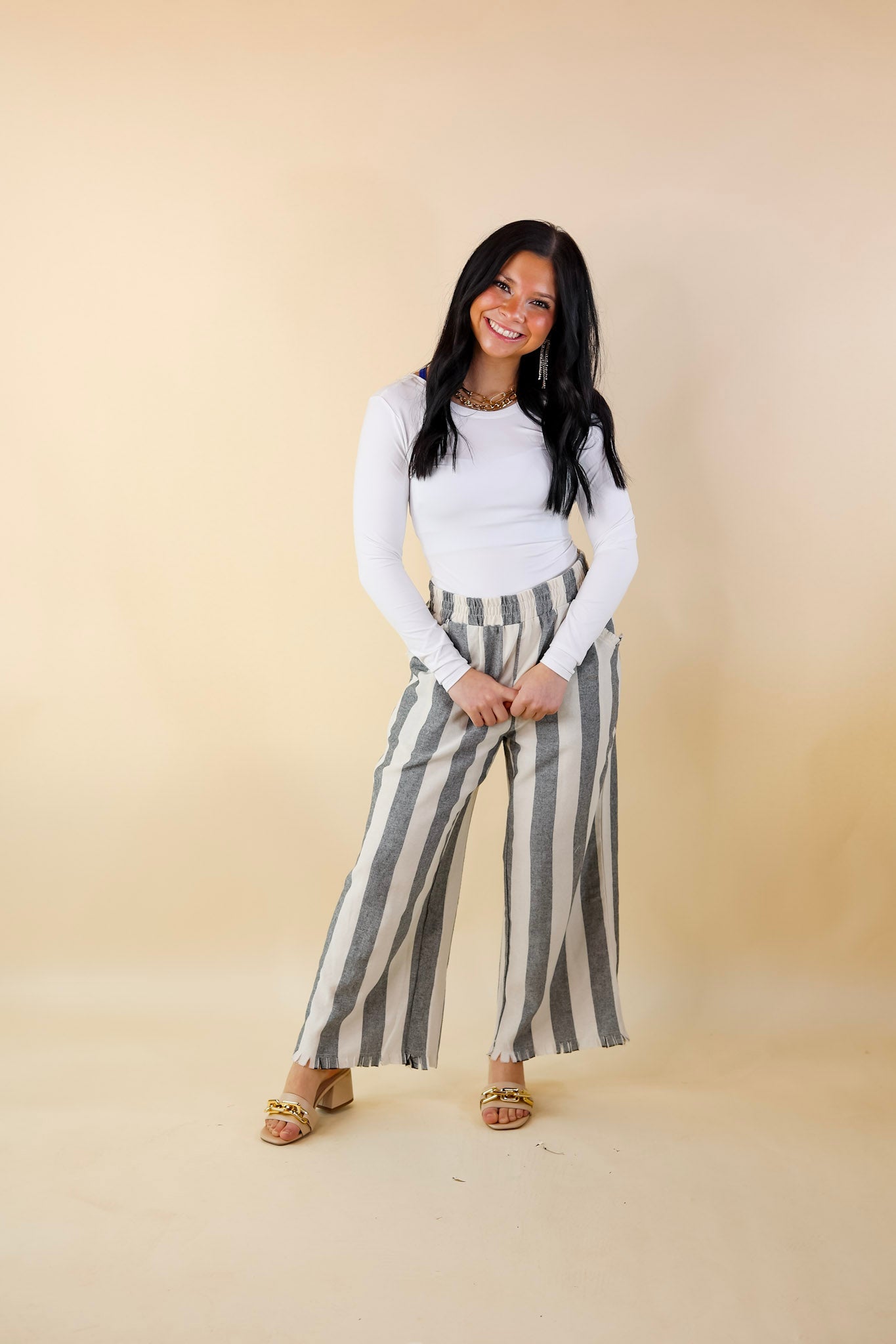 Right On Cue Elastic Waistband Striped Cropped Pants with Frayed Hem in Black - Giddy Up Glamour Boutique