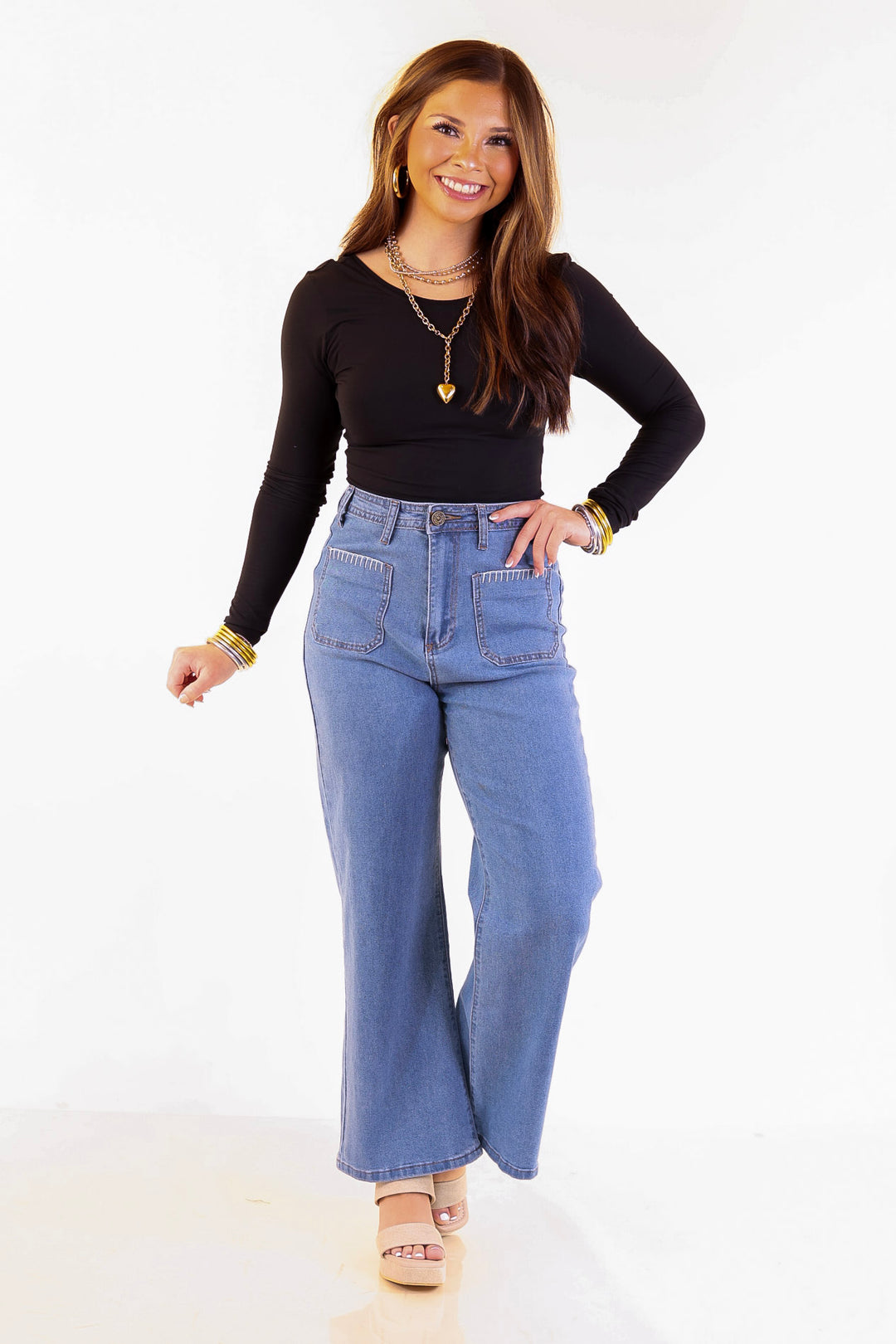Patch Me In Denim Wide Leg Cropped Jean with Front Patch Pocket and Crochet Trim in Medium Wash