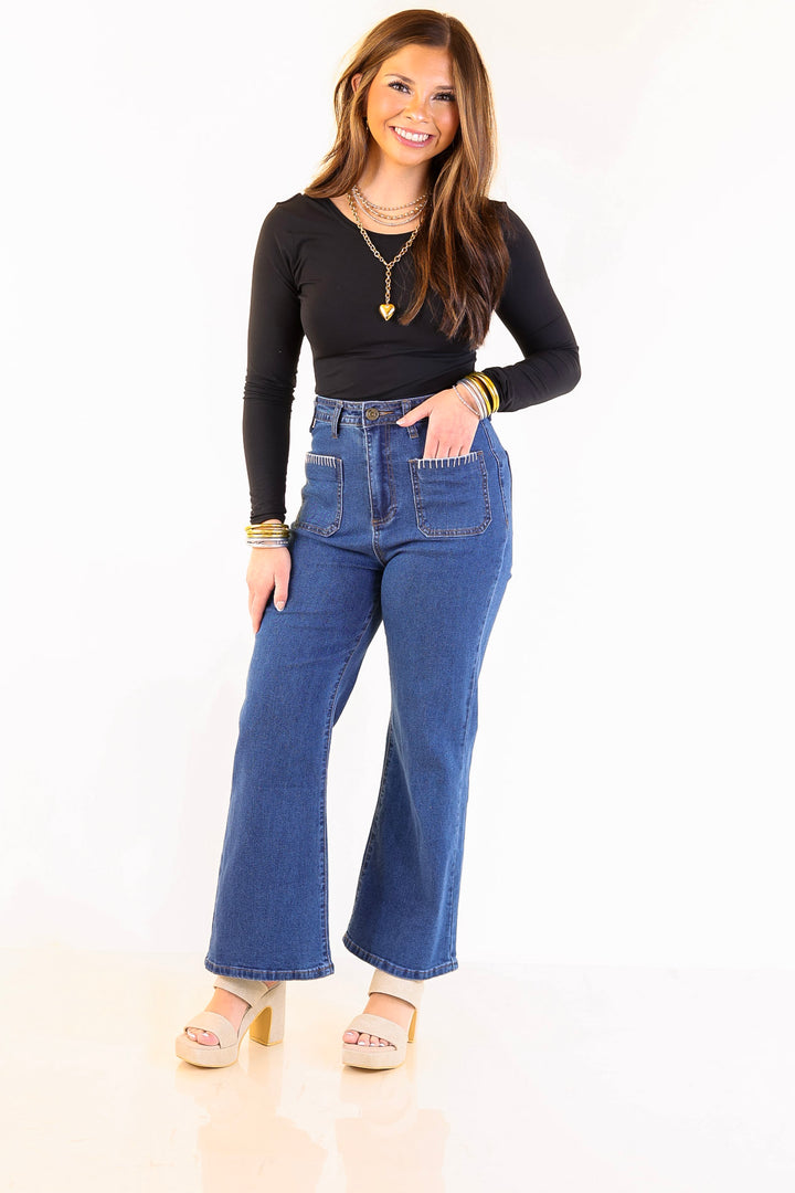 Patch Me In Denim Wide Leg Cropped Jean with Front Patch Pocket and Crochet Trim in Dark Wash