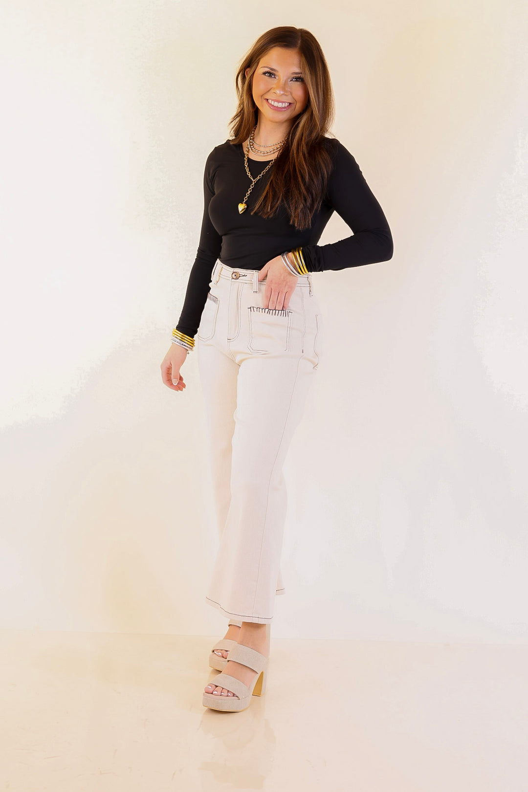 Patch Me In Denim Wide Leg Cropped Jean with Front Patch Pocket and Crochet Trim in Cream