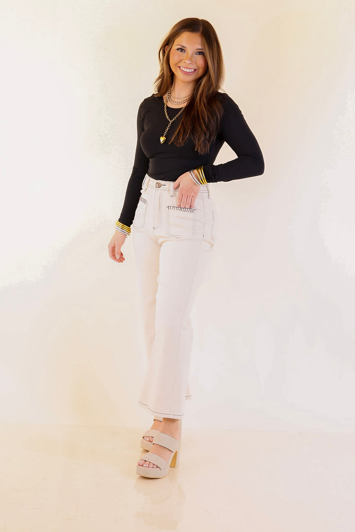 Patch Me In Denim Wide Leg Cropped Jean with Front Patch Pocket and Crochet Trim in Cream