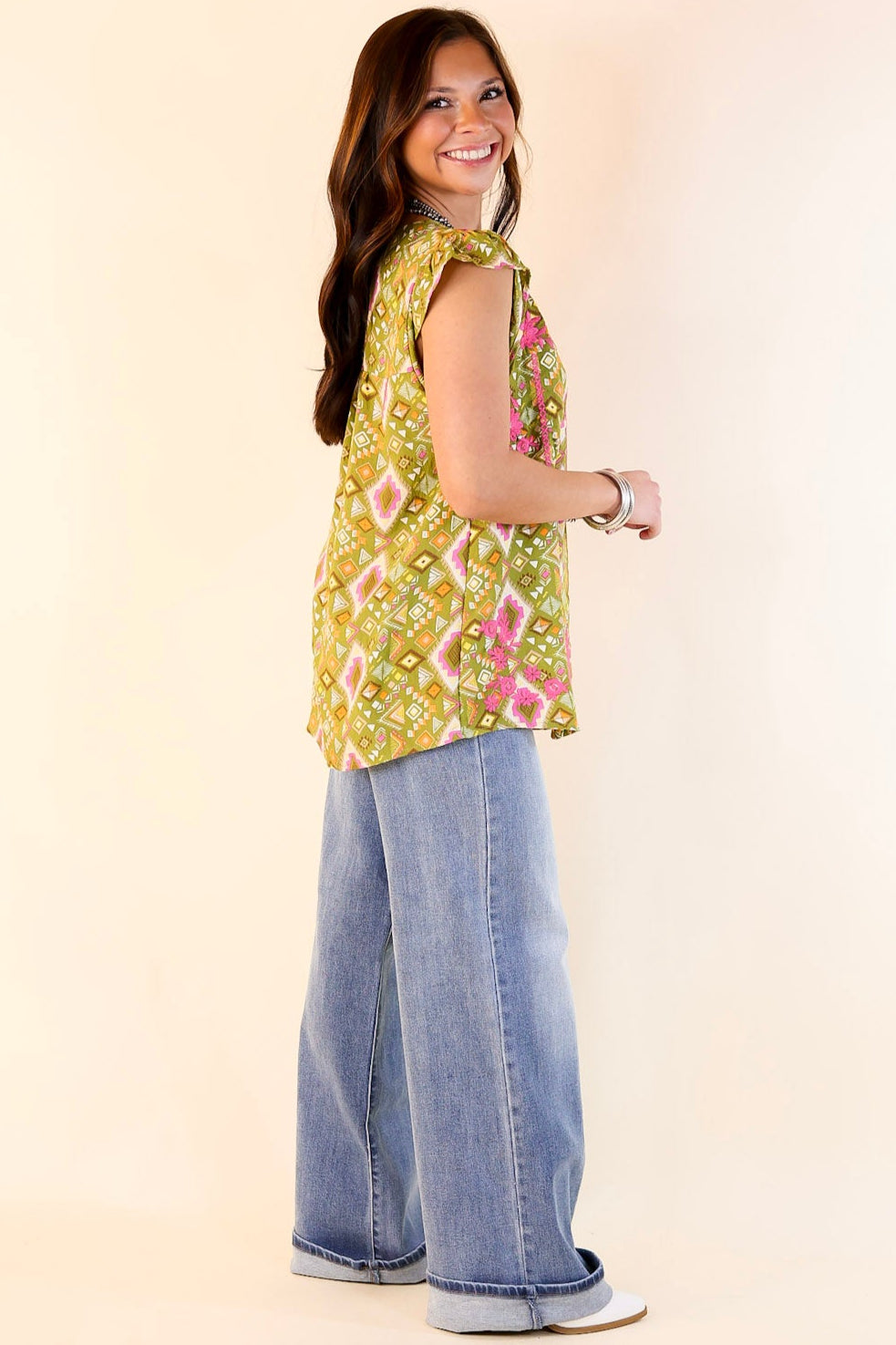 Sweet Serenade Aztec Print Top with Pink Floral Embroidery in Olive Green