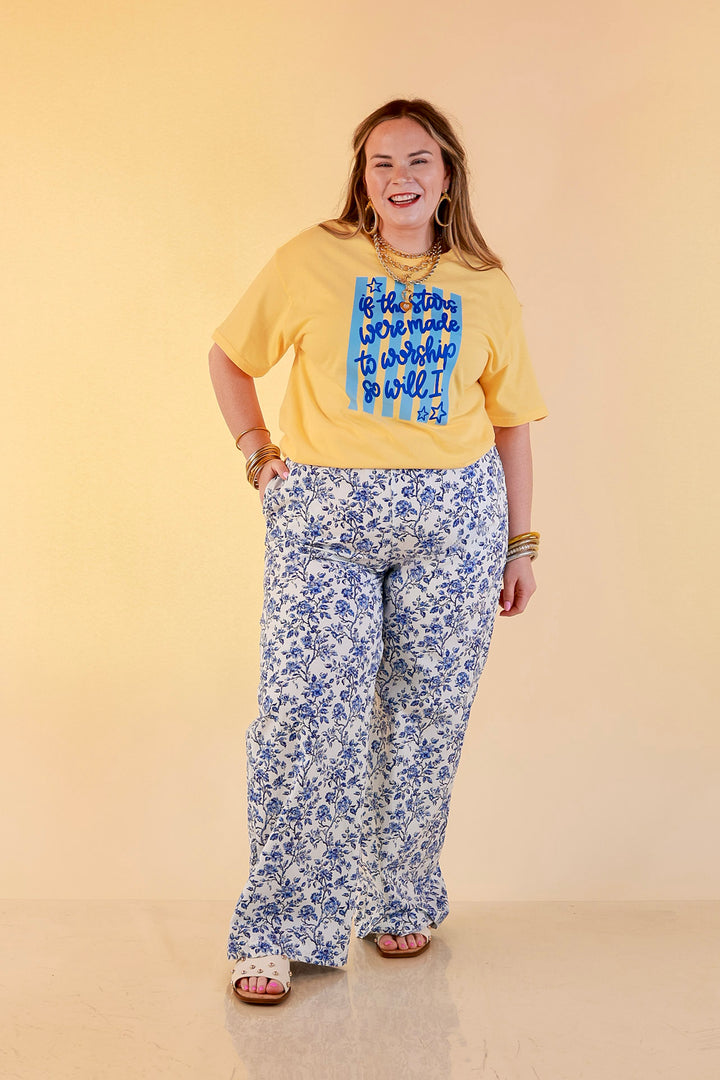 Lulu Mac | Casual Agenda Floral Toile Print Boxer Pants with Elastic Waistband in Blue