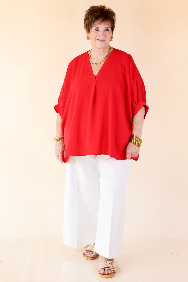 Elevated Basics V Neck Top with Half Sleeves in Ruby