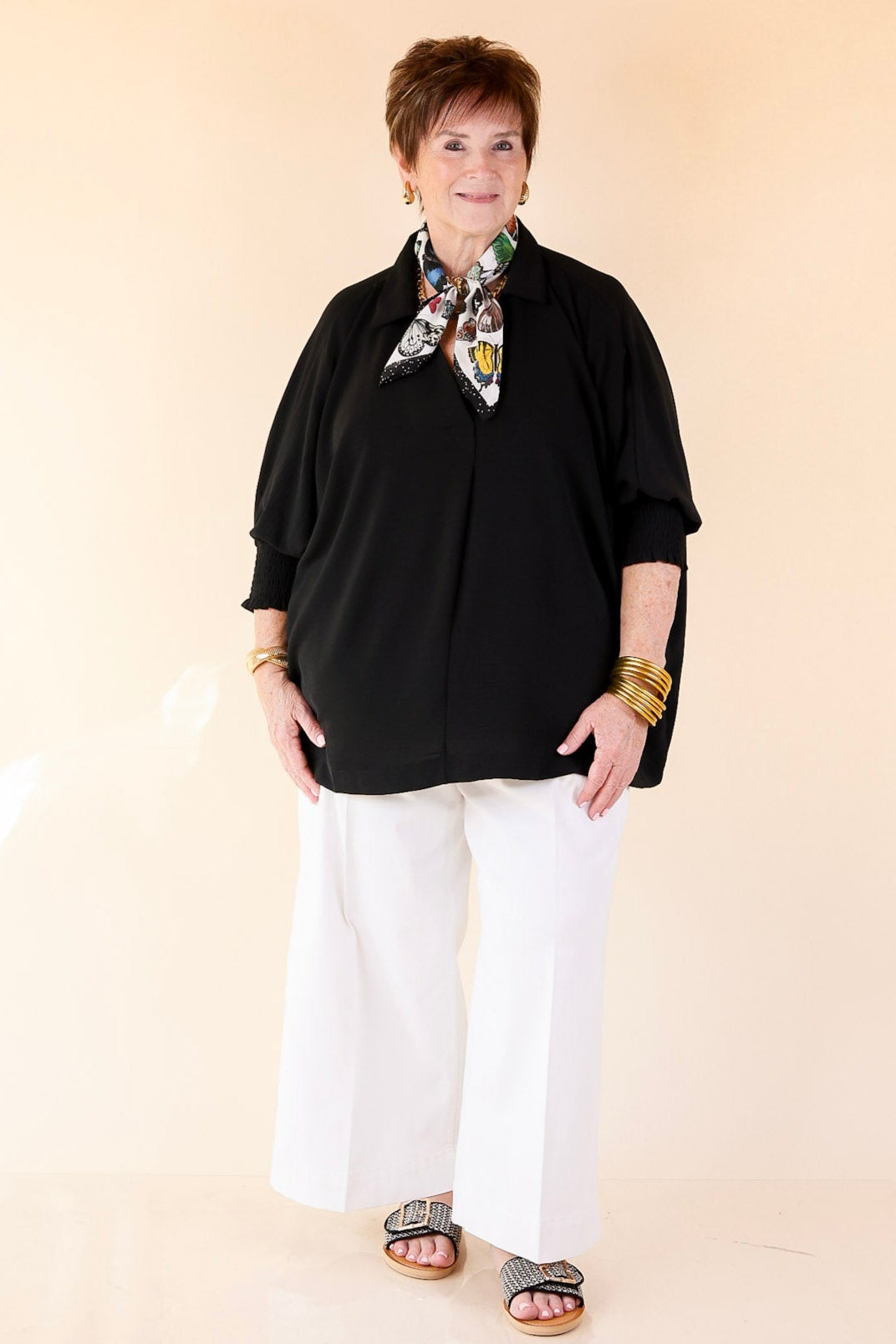 Spoken In Style Collared Blouse with Smoked Sleeve Band in Black