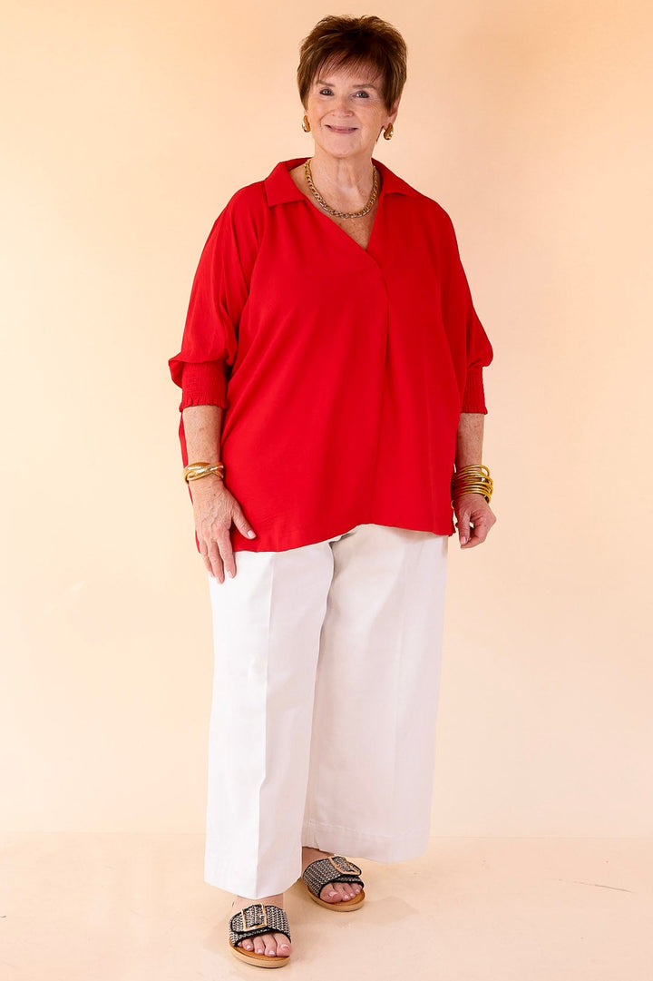 Spoken In Style Collared Blouse with Smoked Sleeve Band in Ruby