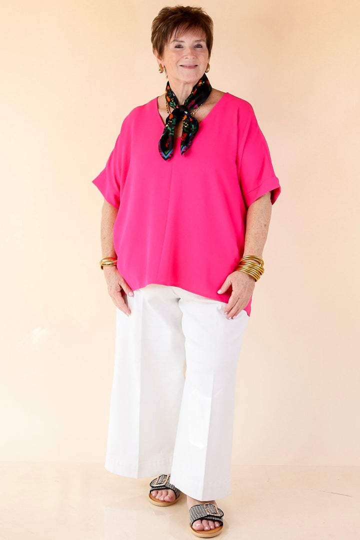 Classically Chic Short Sleeve V Neck Top in Hot Pink