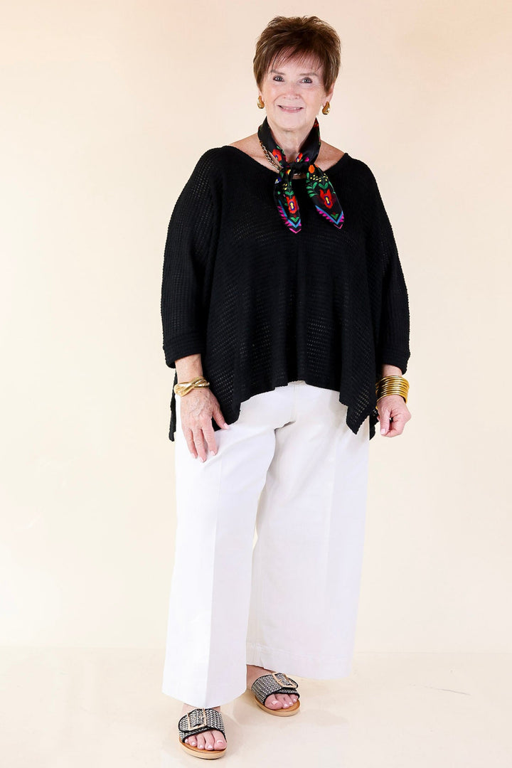 Breezy Intuition 3/4 Cuffed Sleeves Waffle Net Blouse In Black