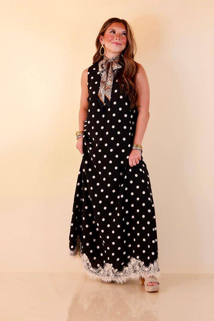 Sweet Little Something Polka Dot Sleeveless Maxi Dress with Lace Trim in Black