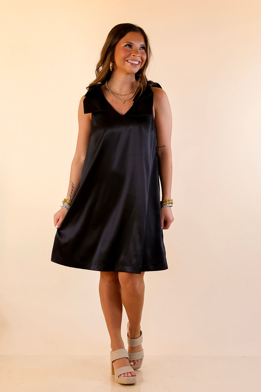 Satin Soirée V Neck Mini Dress with Bow Strap Detailing in Black