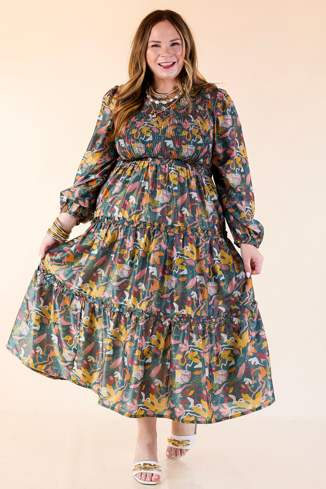 Mud Pie | Shaffer Smocked Bodice Long Sleeve Midi Dress with Tiered Skirt in Blue Mix