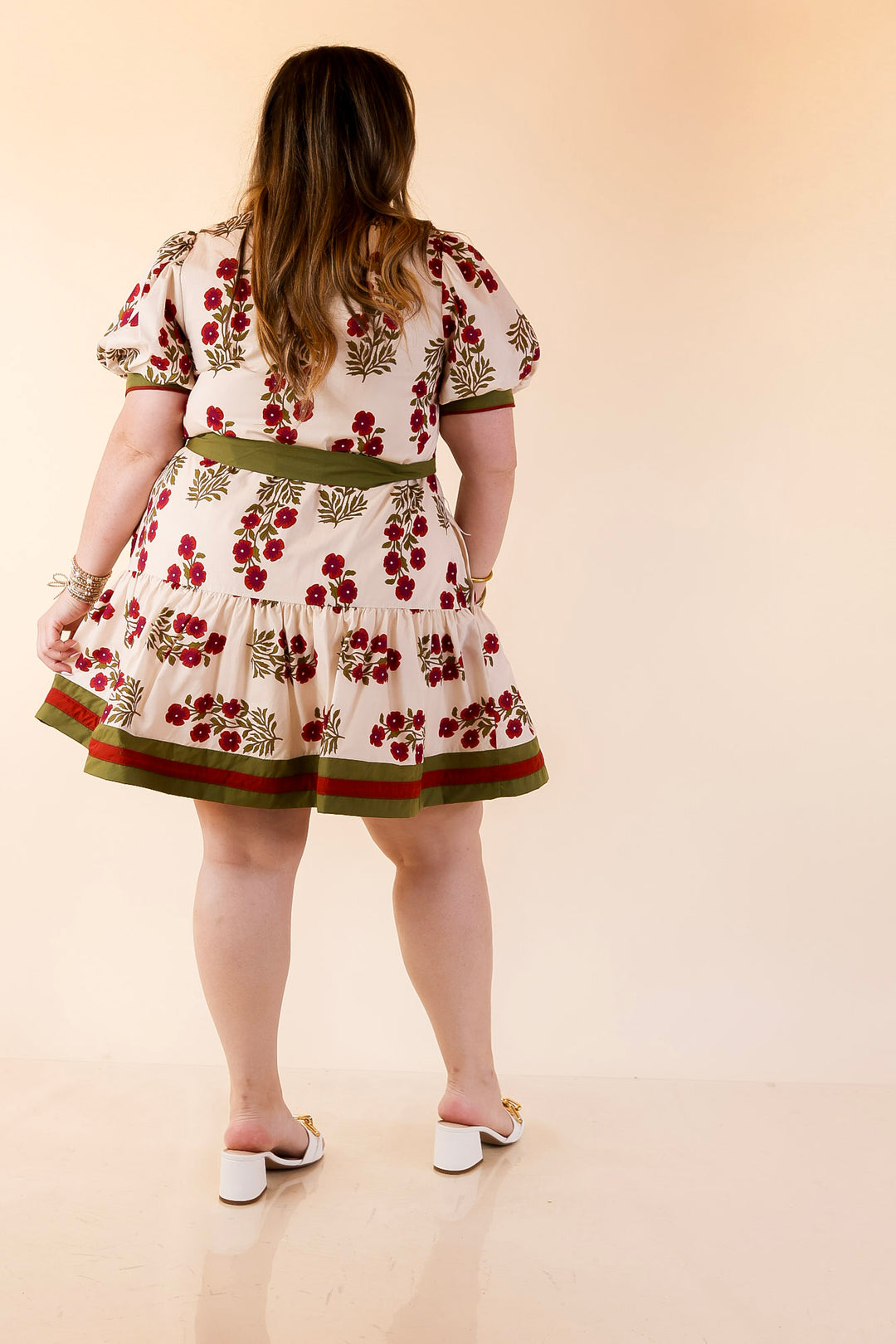 Garden Party Floral Dress with Dropped Skirt and Olive and Maroon Trim in Cream