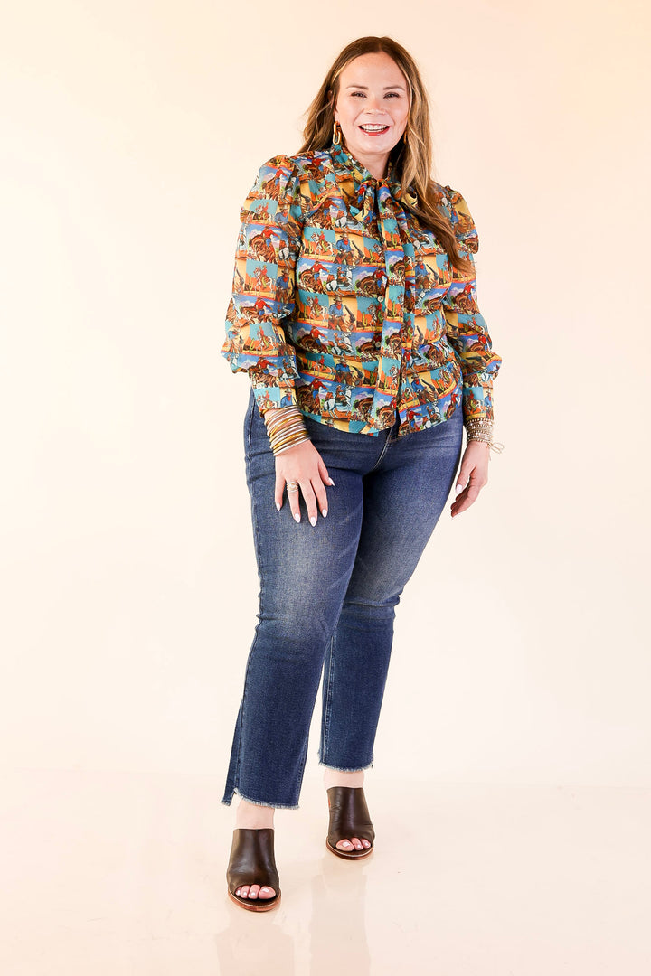 Wild at Heart Bowtie Button Up Collared Mesh Blouse Top with Cowboy Pop Art Print in Blue