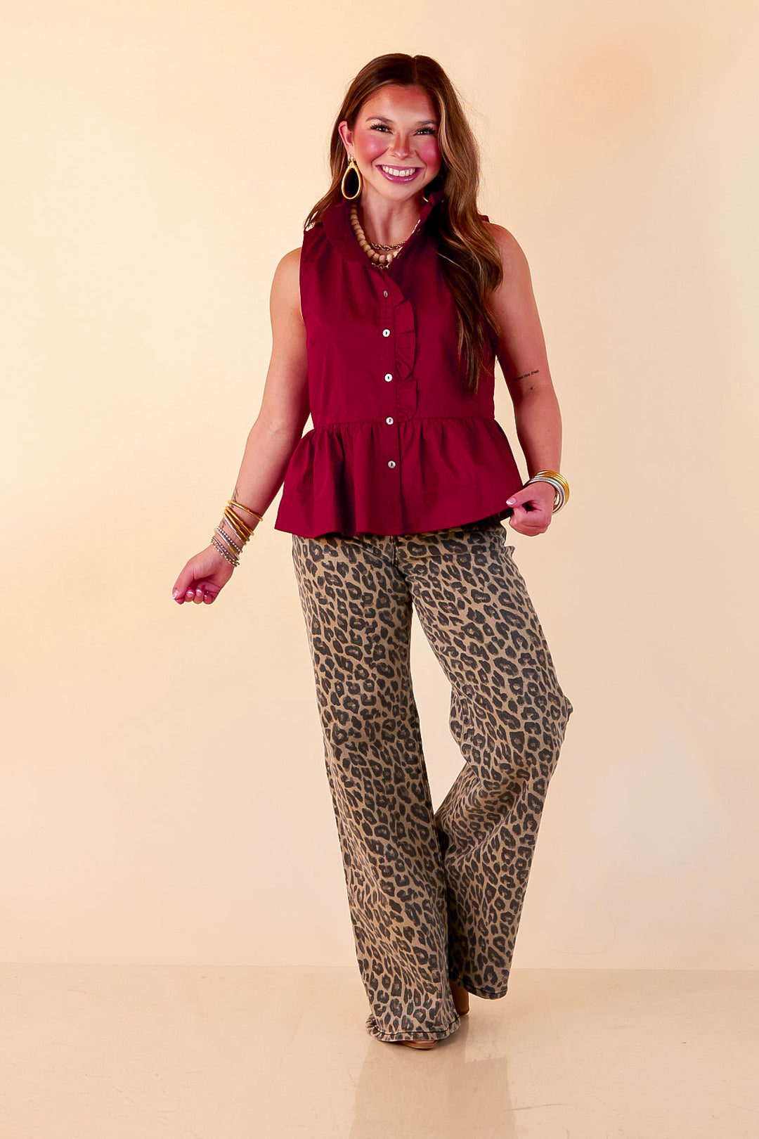Poised &amp; Polished Sleeveless Ruffle Neck Button Front Peplum Top in Maroon