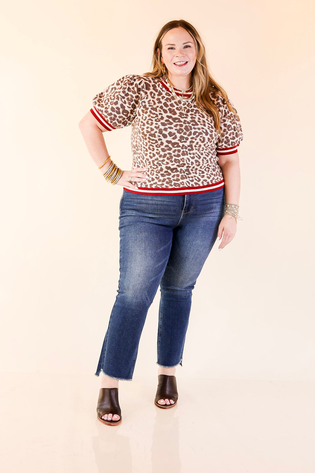 Feline Fine Leopard Print Short Sleeve Sweater with Contrast Trim in Maroon