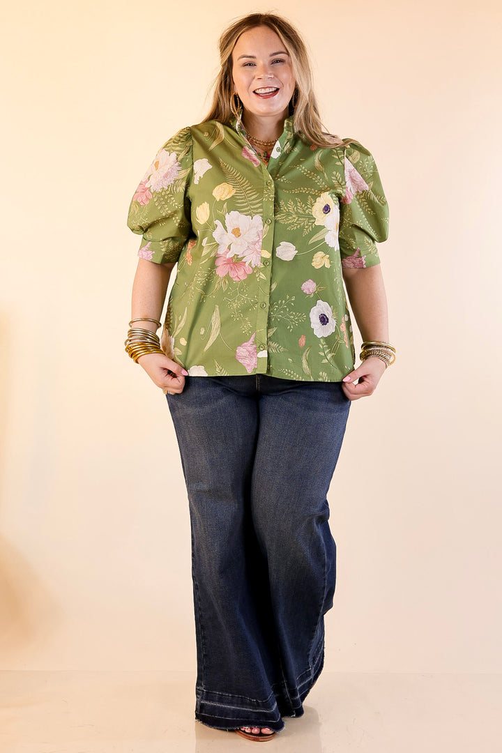 First Glance Button Up Puff Sleeve Floral Print Top in Olive Green