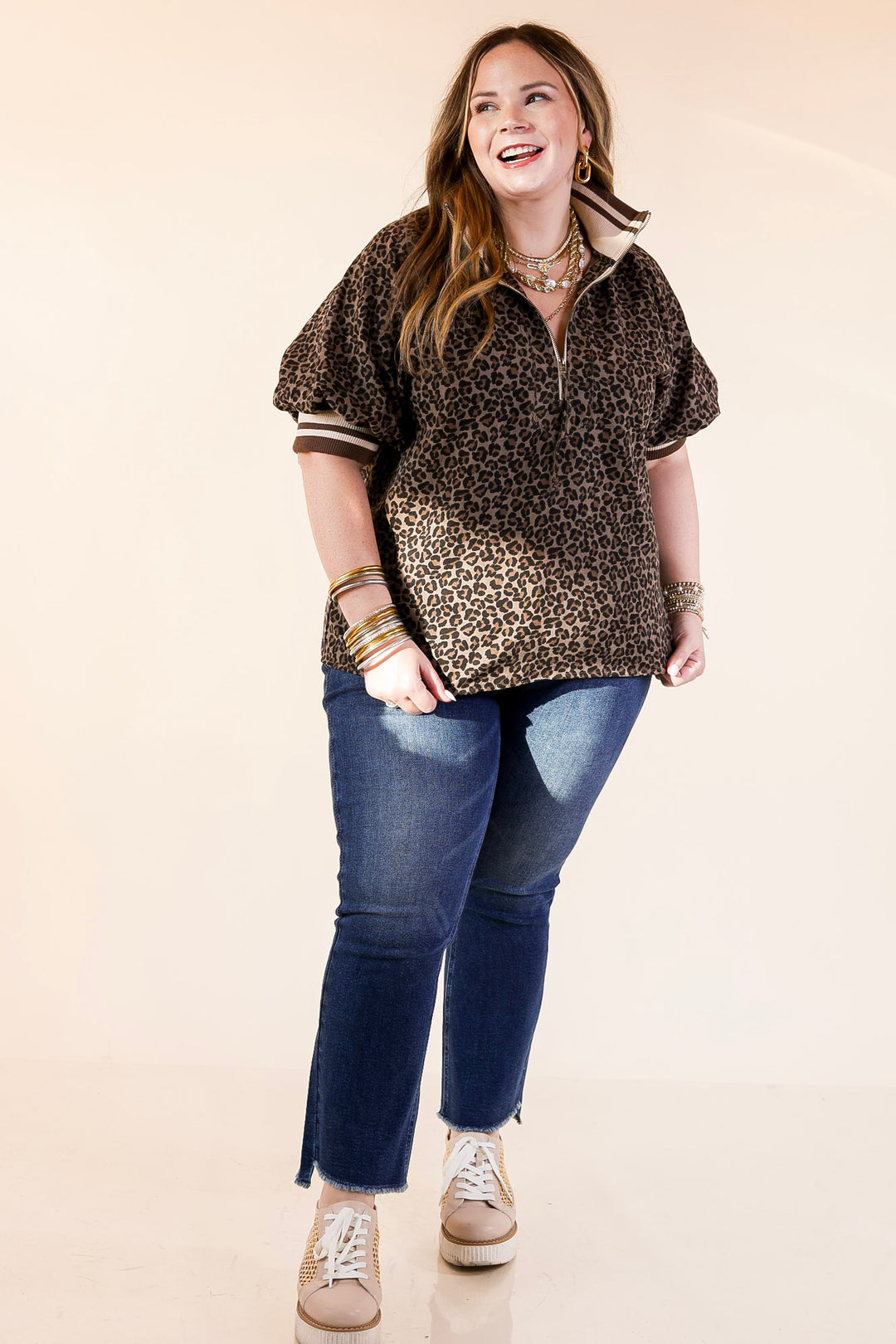 Bold Instincts Leopard Print Half Zip Top with Puff Sleeves in Brown and Cream