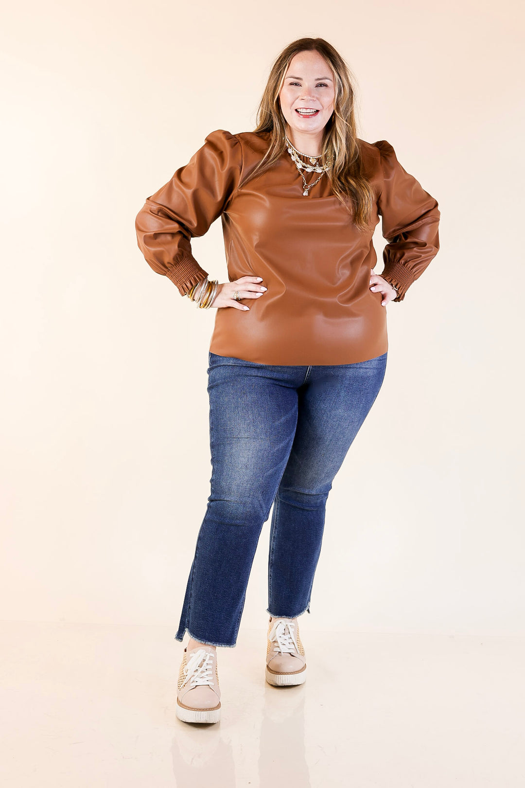 Mud Pie | Putnam Faux Leather Long Sleeve Top with Smocked Cuffs in Tan Brown
