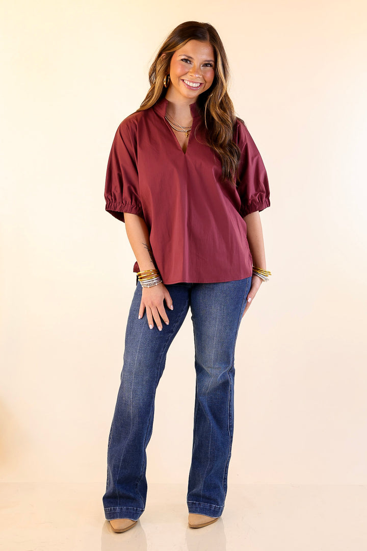 Elevated Basic V-Neck Blouse With Drop Shoulder in Maroon