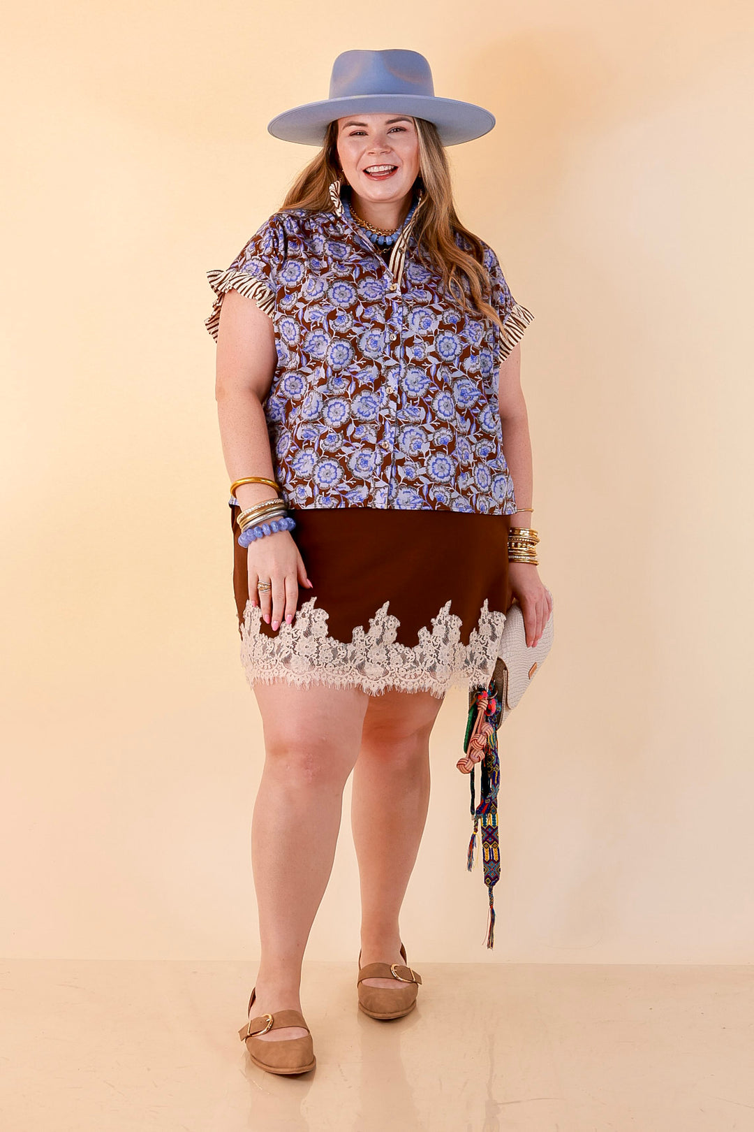 Effortless Grace Floral Print Flutter Stripe Sleeve and Ruffle Collar Detailing Blouse in Brown and Periwinkle Blue