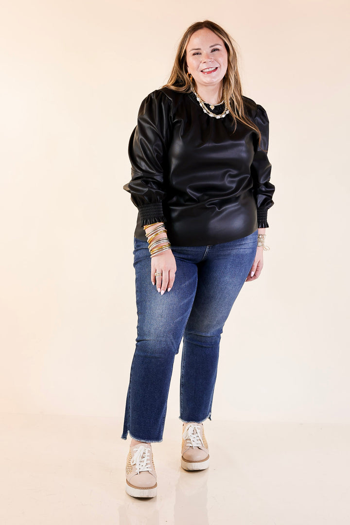 Mud Pie | Putnam Faux Leather Long Sleeve Top with Smocked Cuffs in Black