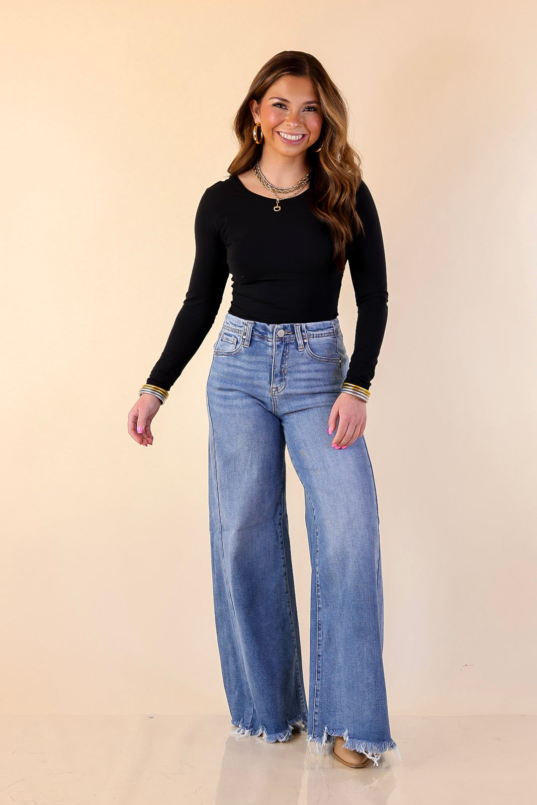 Risen | Holding Steady Wide Leg Raw Hem Jeans in Medium Wash