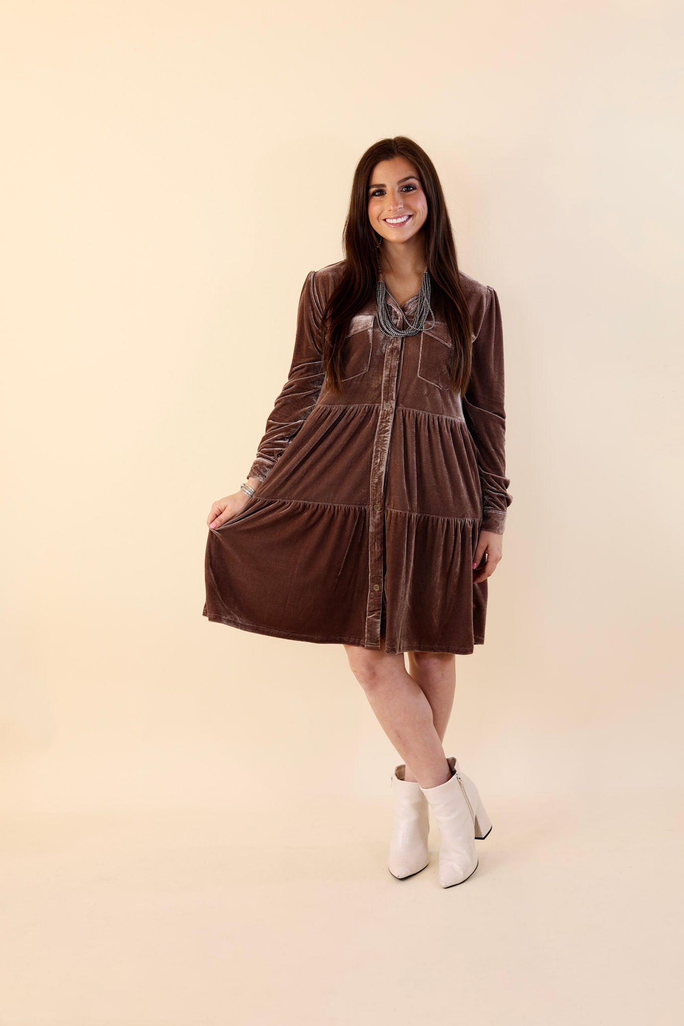 Grateful Gathering Velvet Button Up Dress with Long Sleeves in Almond Brown - Giddy Up Glamour Boutique