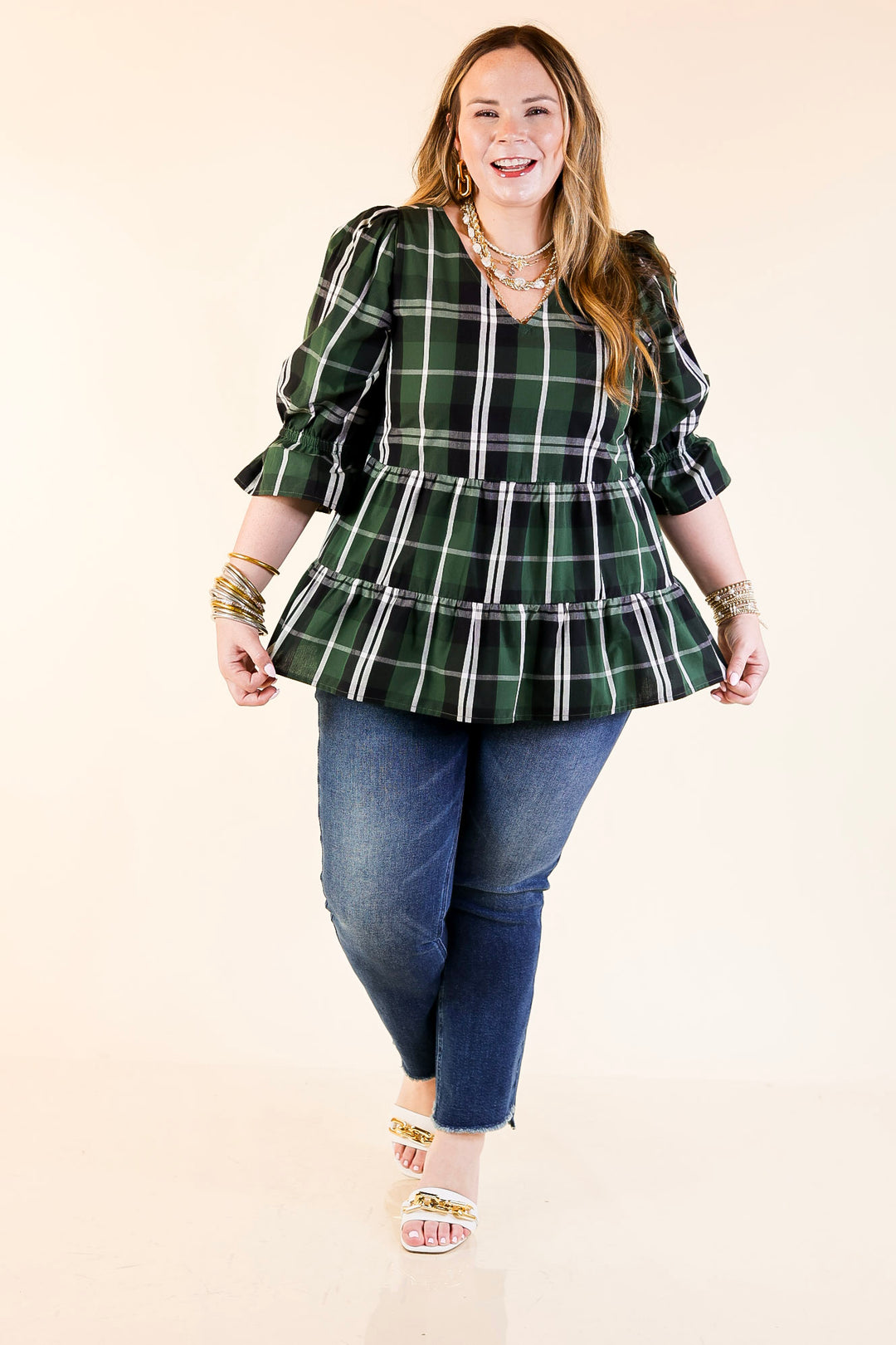 Mud Pie | Ashford Plaid Babydoll Top with Ruffle Hem and 3/4 Balloon Sleeves in Green