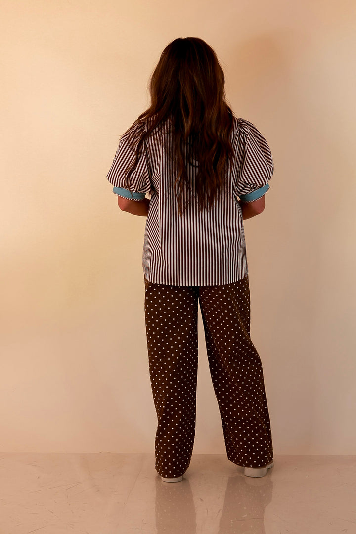 Pop of Polish Short Puff Sleeve Button Front Top with Contrast Trim in White, Chocolate Brown and Blue
