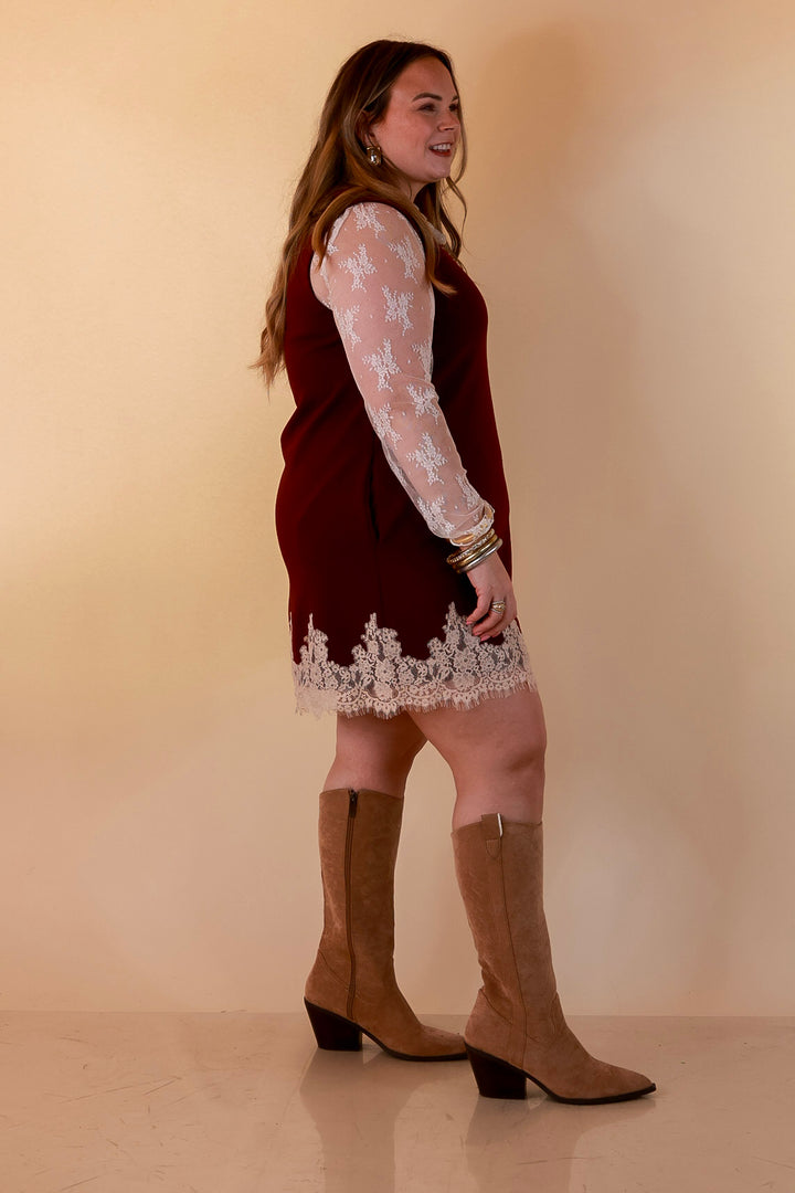 Just a Little Something Sleeveless Knit Mini Dress with Lace Trim in Maroon