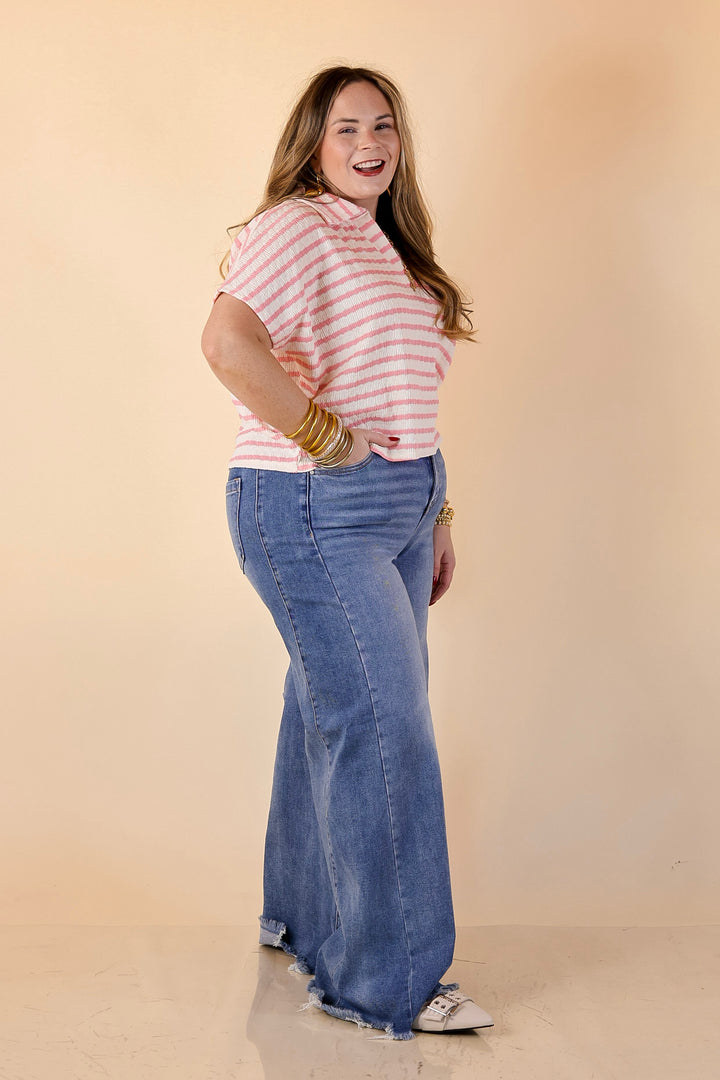 Simply Said Striped Drop Shoulder Collared Cropped Top in Ivory with Pink Stripes