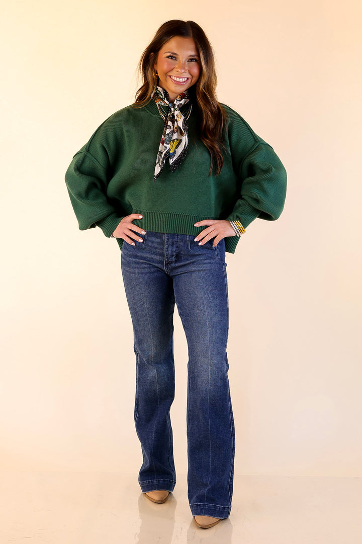 Fireside Fit Cropped Long Sleeve Mock Neck Sweater in Forest Green